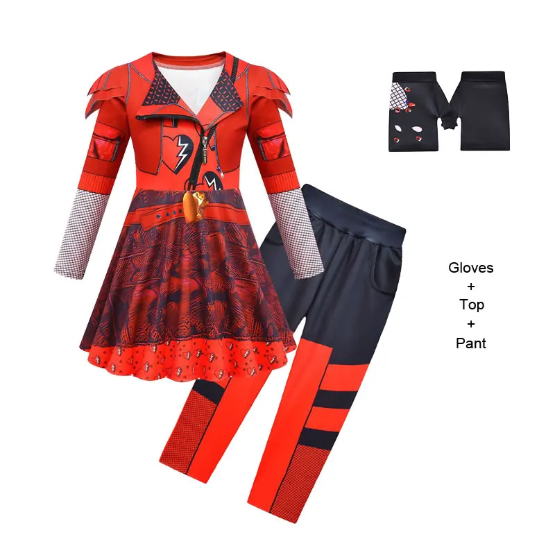 Halloween Descendants 4 Costume For Teenager Girl Set The Rise of Red Child Dress+Pant+Wig+Gloves 4PC Outfit Cloth Kid Tracksuit