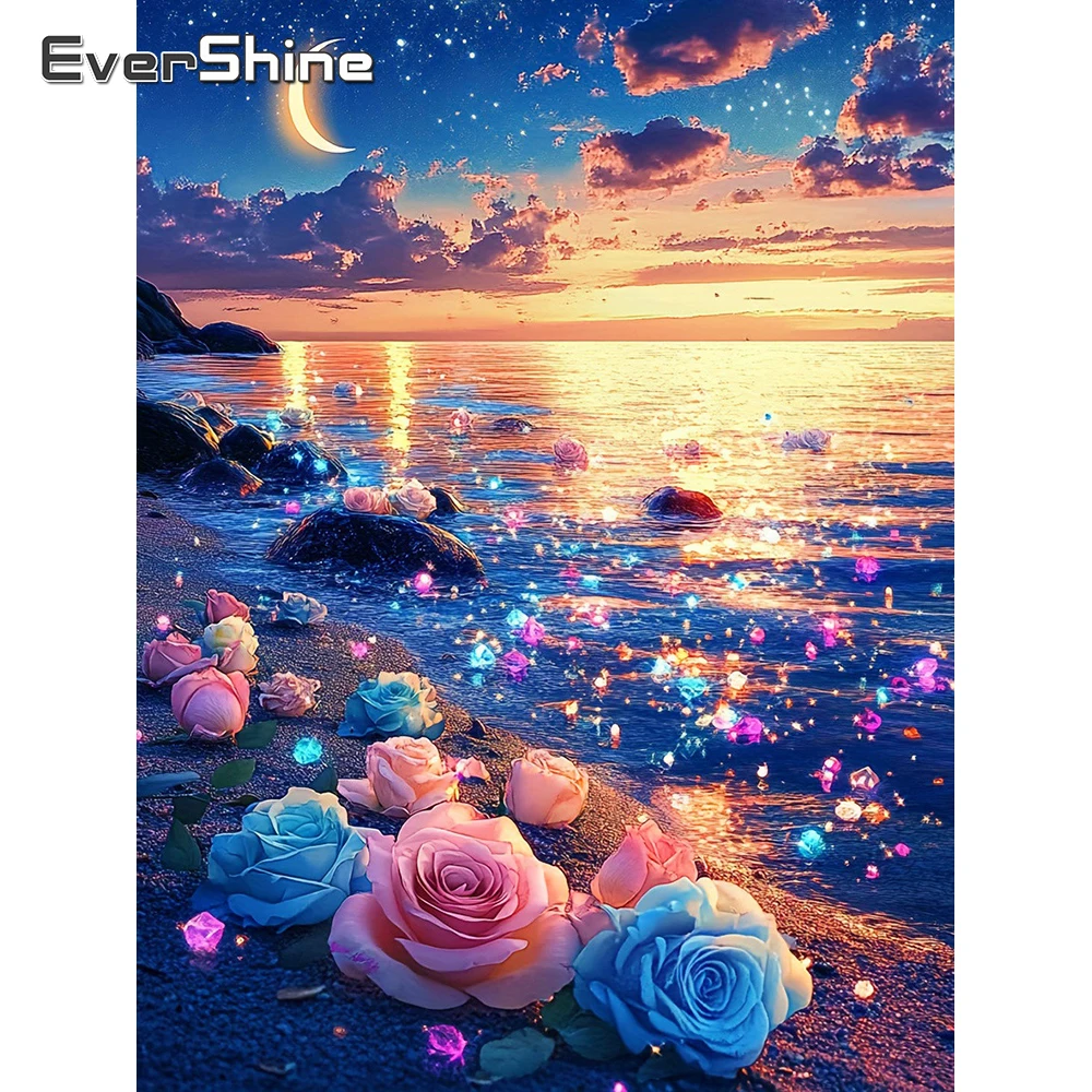 

EverShine Diamond Mosaic Seaside Full Drill Painting Rose Picture Of Rhinestones Embroidery Landscape 5D Moon Handmade Gift