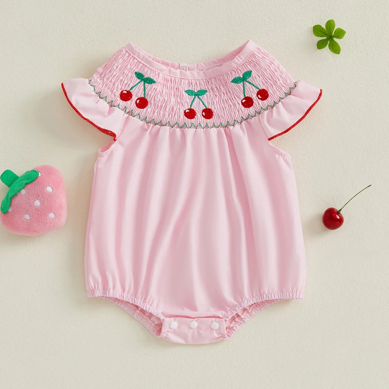 

2025-02-21 Lioraitiin Baby Girls Romper Short Sleeve Crew Neck Embroidery Cherry Infant Bodysuit Summer Clothes