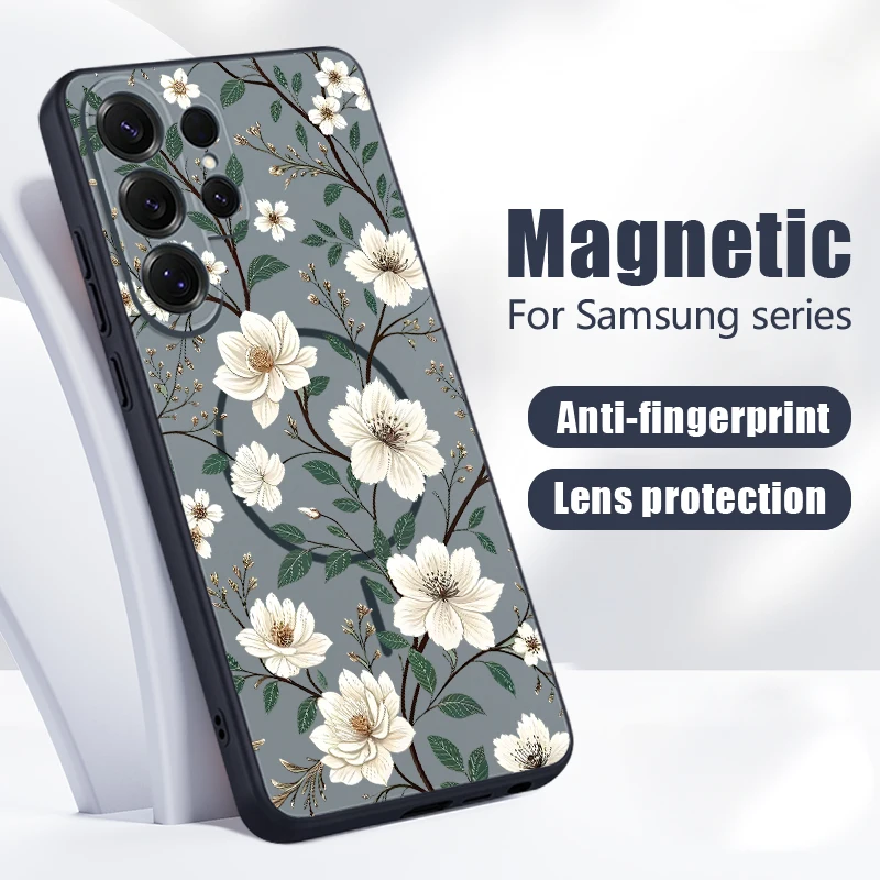 White Cartoon Floral Magnetic Case For Samsung Galaxy S26 S25 Ultra S25 S24 S23 FE A57 A56 A37 A17 A55 A36 A35 A15 A26 5G Cover