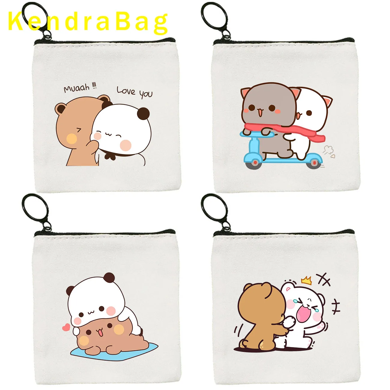 Aesthetic Cute Bear Kawaii Animal Cartoon Lovely Print Canvas Coin Purse Small Square Bag Key Case Card Bags Wallet Zipper Gifts