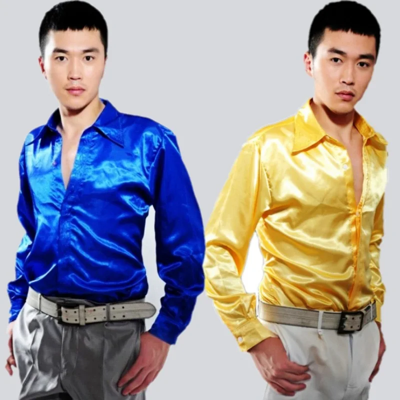 

Glossy Silky Tuxedo Shirts Shirts For Men Long Sleeve Anti-Wrinkle Stage Host Smooth Comfortable Solid Quality Camisas De Hombre