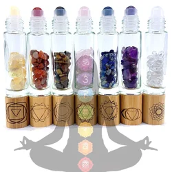 Chakra Steine Reiki Healing Kristall Roller Flasche mit Gravierte Chakra Symbole Bambus Kappe Balancing Steine 7 stücke P305