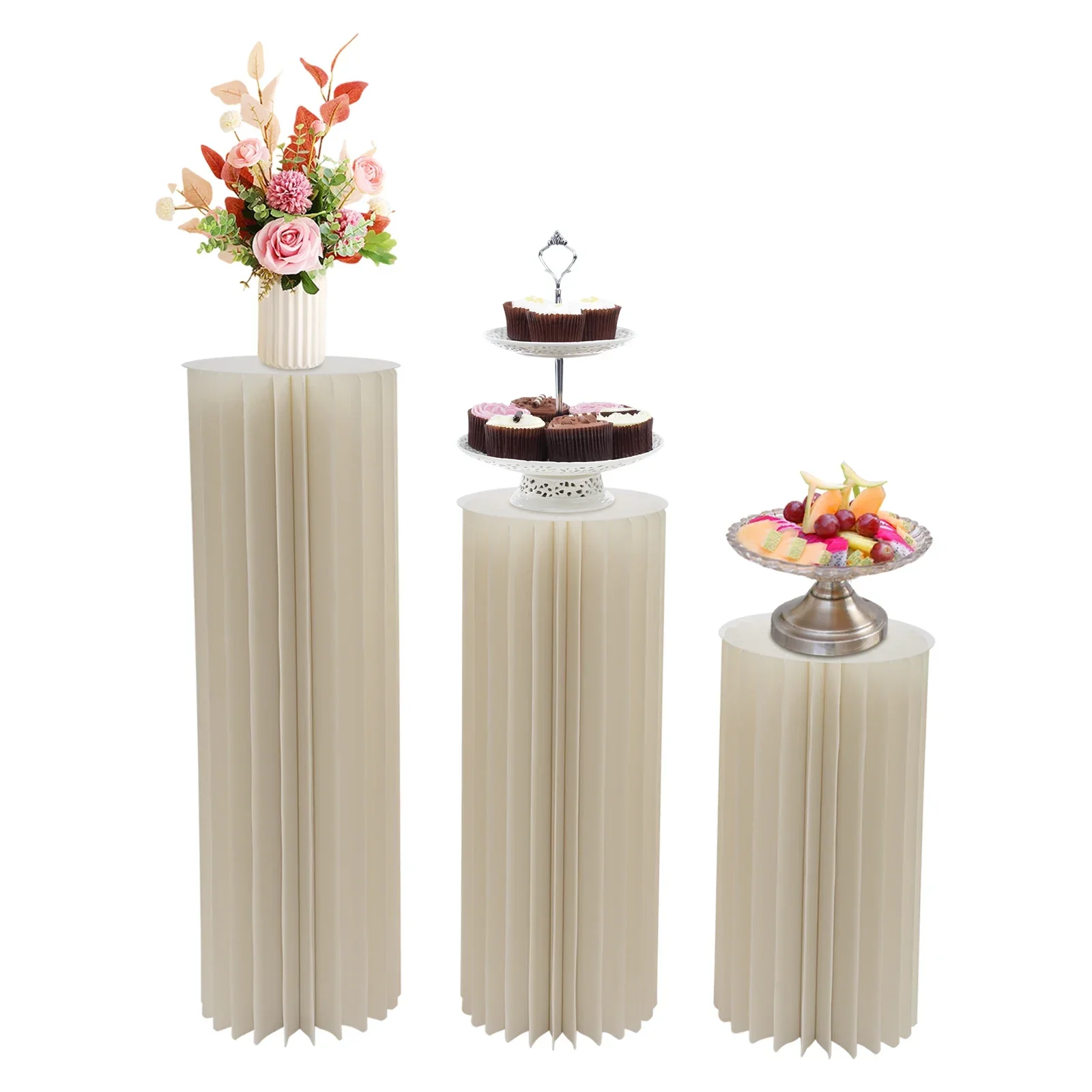 NEWEST Foldable Cardboard Flower Stand 3Pcs Cylinder Cardboard Folding Pillar Pedestal Wedding Flower Stand Display Column Stand with Round Top Plate for Party Wedding Ceremony