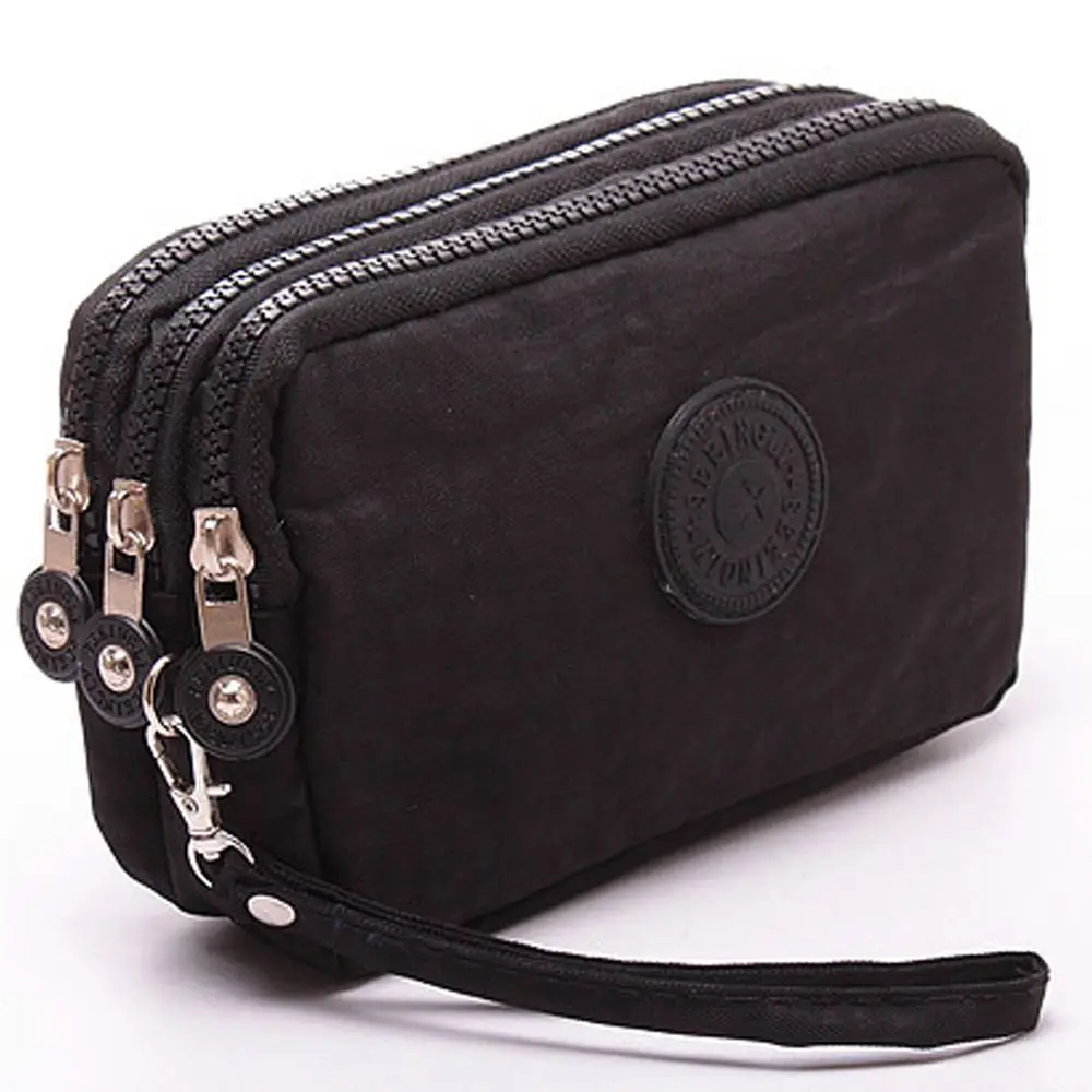 Fashion New Solid Color Coin Purse Women Small Wallet Wrinkle Fabric Phone Purse Three Zippers Portable Make Up Bag