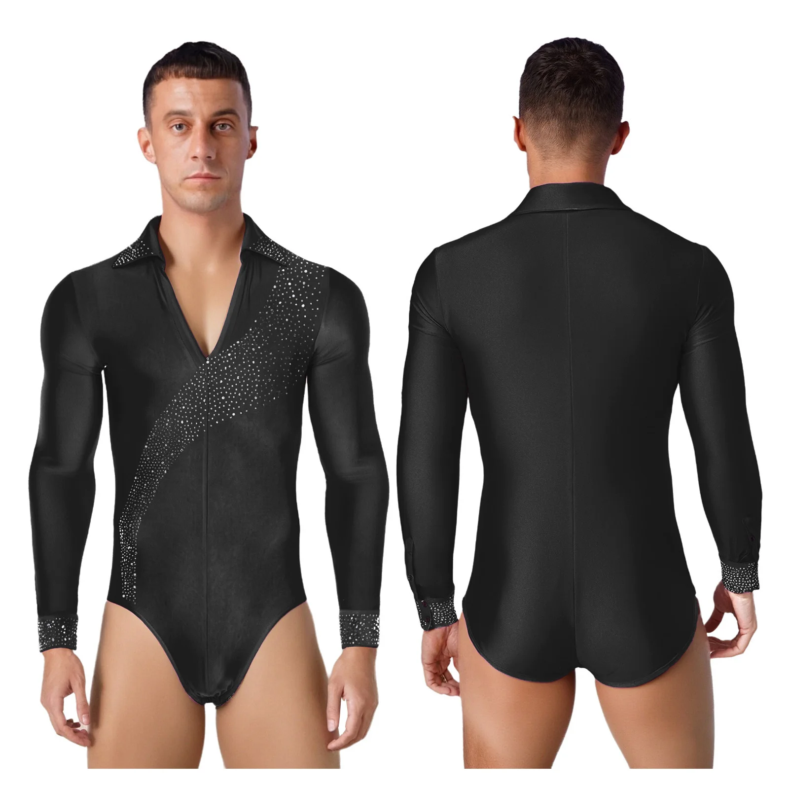 New Mens Rhinestones Ballet Latin Dance Costume Long Sleeve Bodysuit Jumpsuit Modern Dancewear for Performance Competition Party