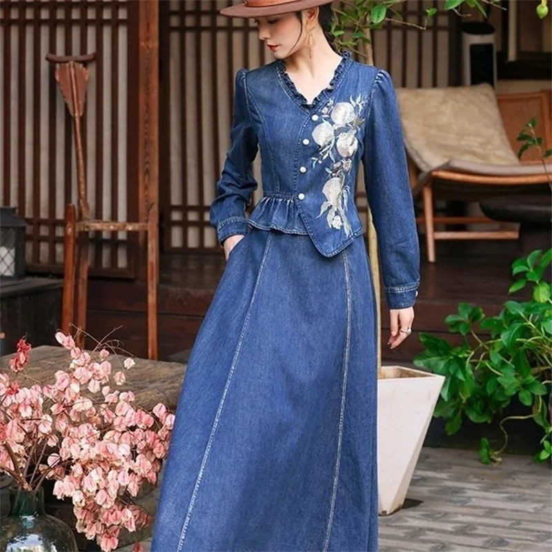 2023 Summer Female New Qipao Improved Edition Standing Neck Denim Dress Women High end Exquisite High end Sleeveless Long Dress