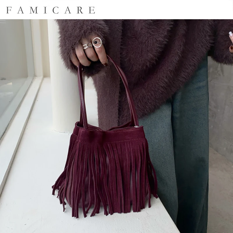 Fringe Decoration Bag New Tassel Suede Leather Square Bag Convertible Shoulder Crossbody Handbag Women Fall Winter Aesthetic