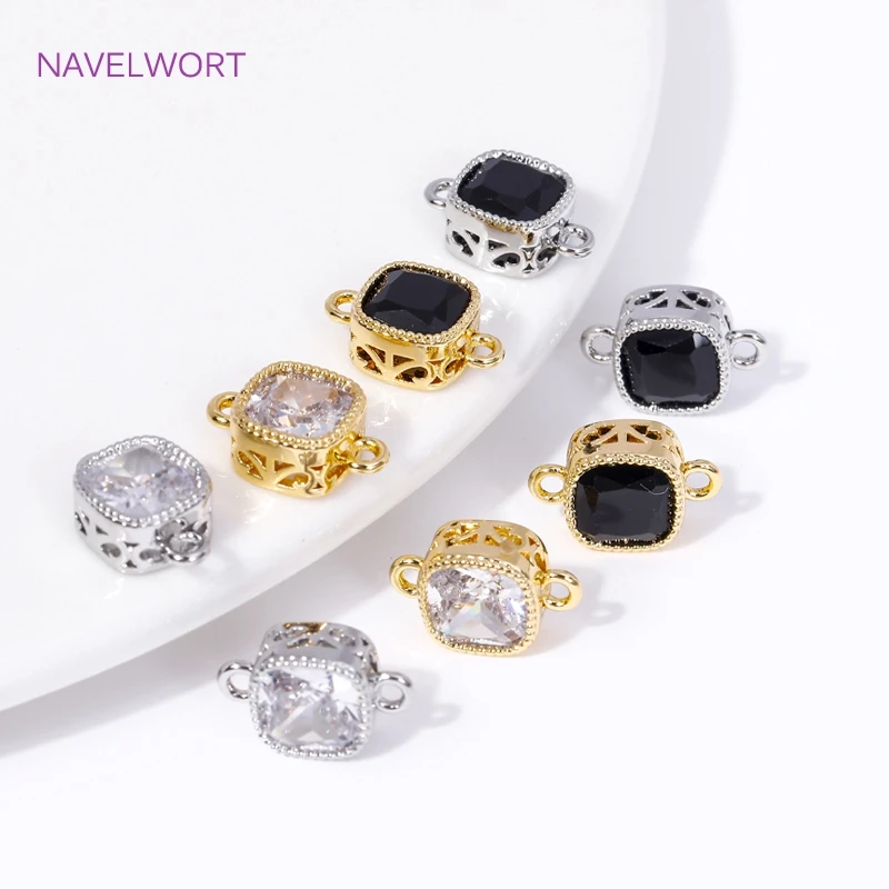 Trendy 18K Gold Plated Inlaid Zircon Double Hole Square Connector Pendants For DIY Earring Bracelet Making Accessories Wholesale