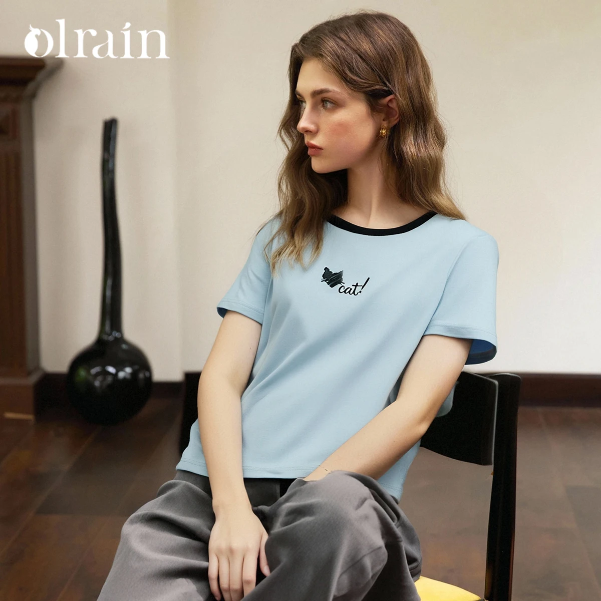 

OLrain Women's Blue Tee Shirt Lady Short Sleeve Summer Knit Top Woman 2025 Casual Embroidery T-shirt Female Clothing O57XT98895