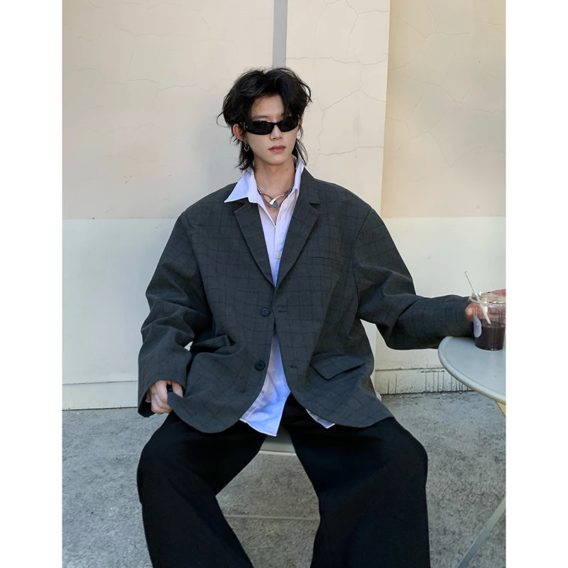 

Модный клетчатый пиджак для мужчин, весенне-осенний, в корейском стиле, повседневный, модный, из полиэфирного волокна, с длинными рукавами, на двух пуговицах