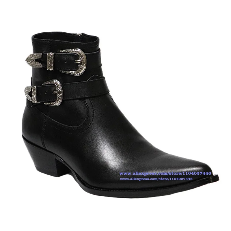 

Double Metal Buckle Boots Men's Side Zippers Ankle Booties Summer Chelsea Boots Men's Pointed Leather Luxury Trend Handmade Shoe