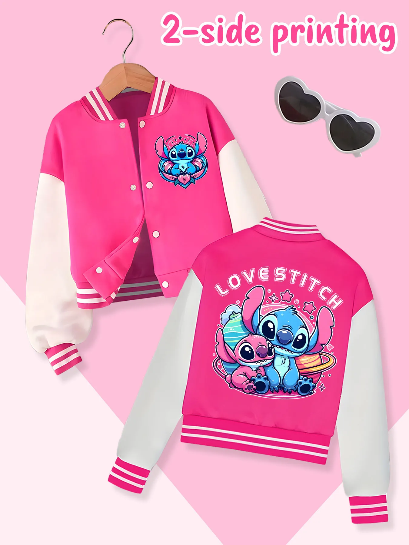 Disney fashion trend baseball jacket, suitable for daily sports and casual wear, printed with cute Stitch pattern, nice gift.