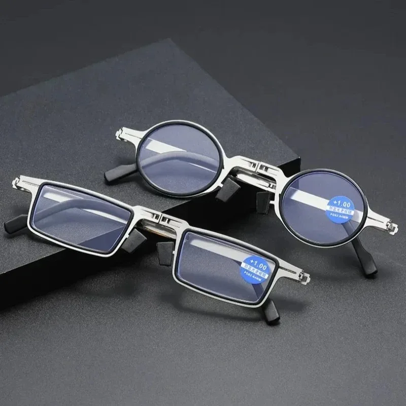 Com Estojo, Óculos de Leitura Unissex Dobráveis, Lentes Transparentes, Armação de Metal Completa, Anti Luz Azul, Óculos de Grau de +1.0 a +4.0