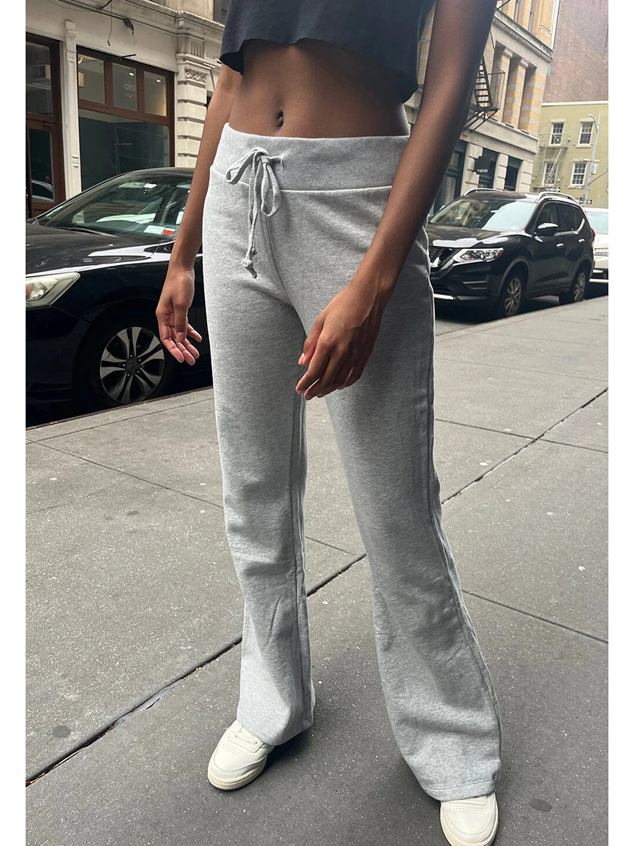 

Drawstring Raw Hem Gray Yoga Pants Women Autumn High Waist Soft Cotton Casual Sweatpants Vintage Solid Sweet Loose Trousers New
