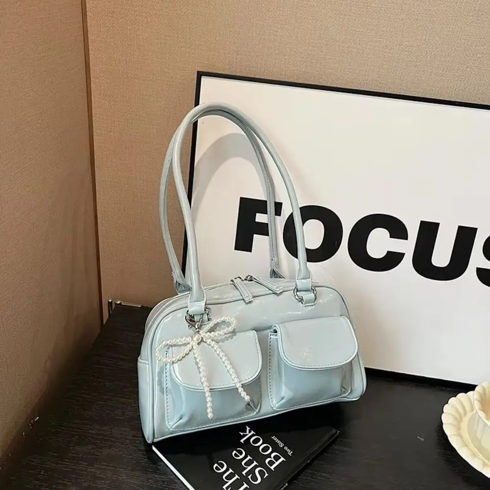

Simple Korean Style PU Bowling Bag Solid Color Handbag Pocket Boston Tote Bag Minority Design French Style Underarm Bag Portable