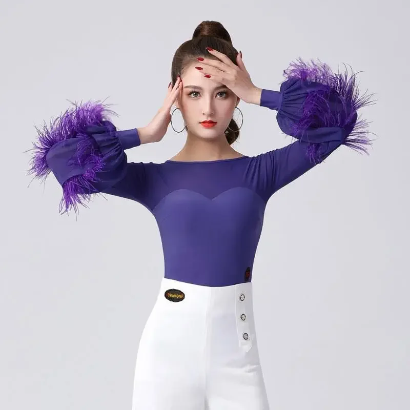 Mono elegante de plumas para baile latino, camisa de Baile Estándar Nacional, ropa azul de manga larga para práctica de baile moderno, novedad