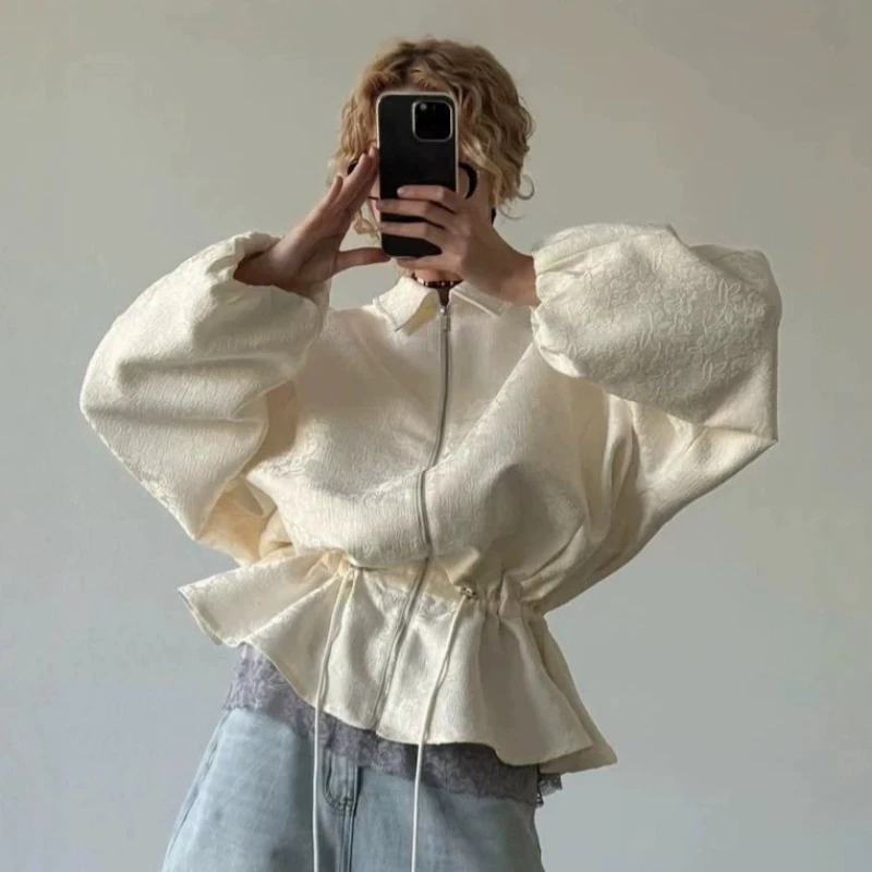 Luxury Apricot Texture Jacket Zipper Drawstring Waist Slim Puff Sleeves Outerwear Autumn Women Chic Commute Daily Coat