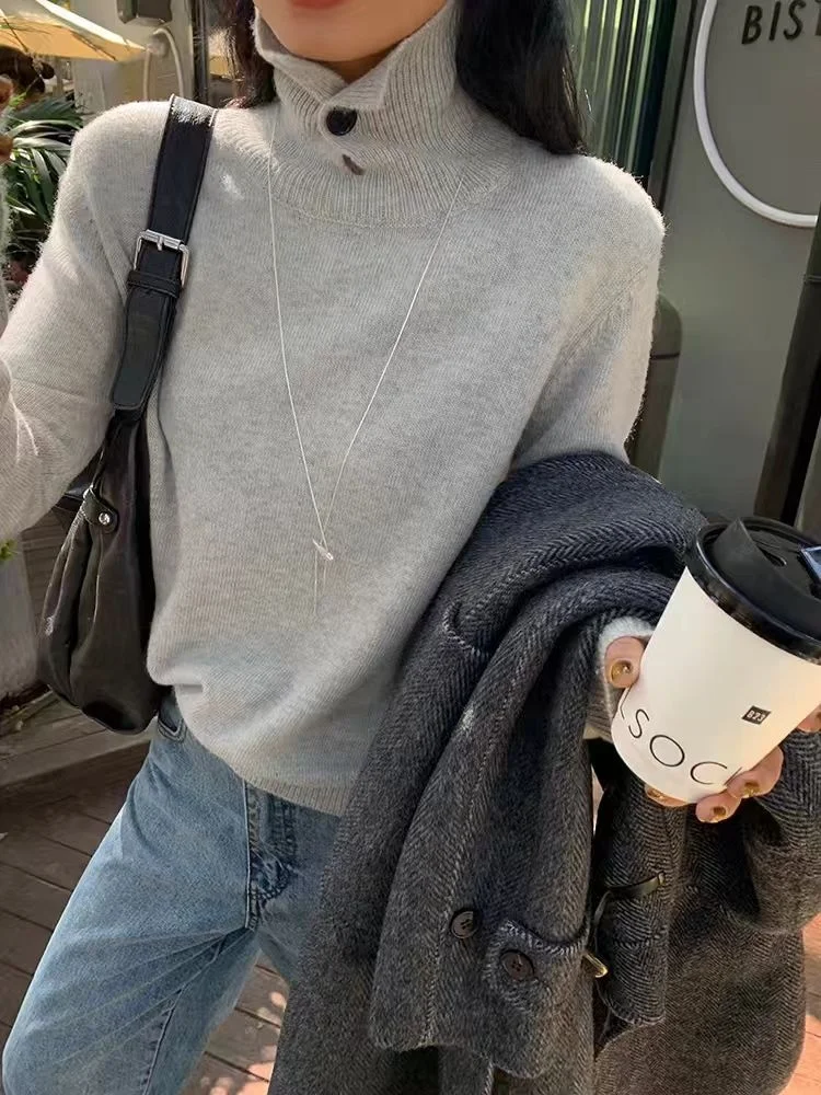 High-necked 100 cashmere sweater long-sleeved pullover women's loose open collar solid color cashmere knitted bottoming pullover