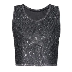 SML High Quality Fashionable Elastic Knitted Embroidered Sparkling Shining Silk Sleeveless Fit Casual Women's Tank Top