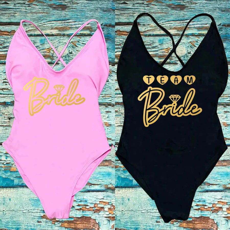 Padded One Piece Swimsuit Sexy BRIDE Team Letter Print Swimwear Women Bikini Bathing Suit Summer Bodysuit Backless monokini