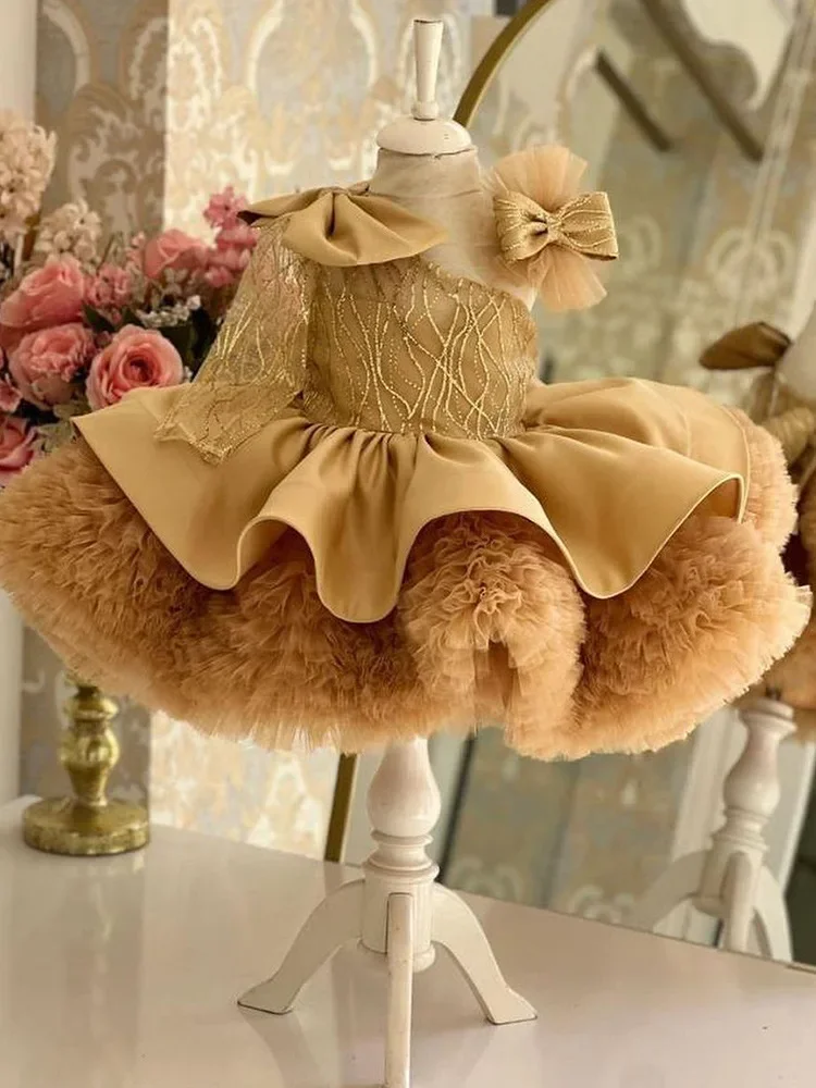 

2025 New Children's Sequin Princess Dress Fashionable One Shoulder Luxury Fluffy Dress Carnival Performance Clothin