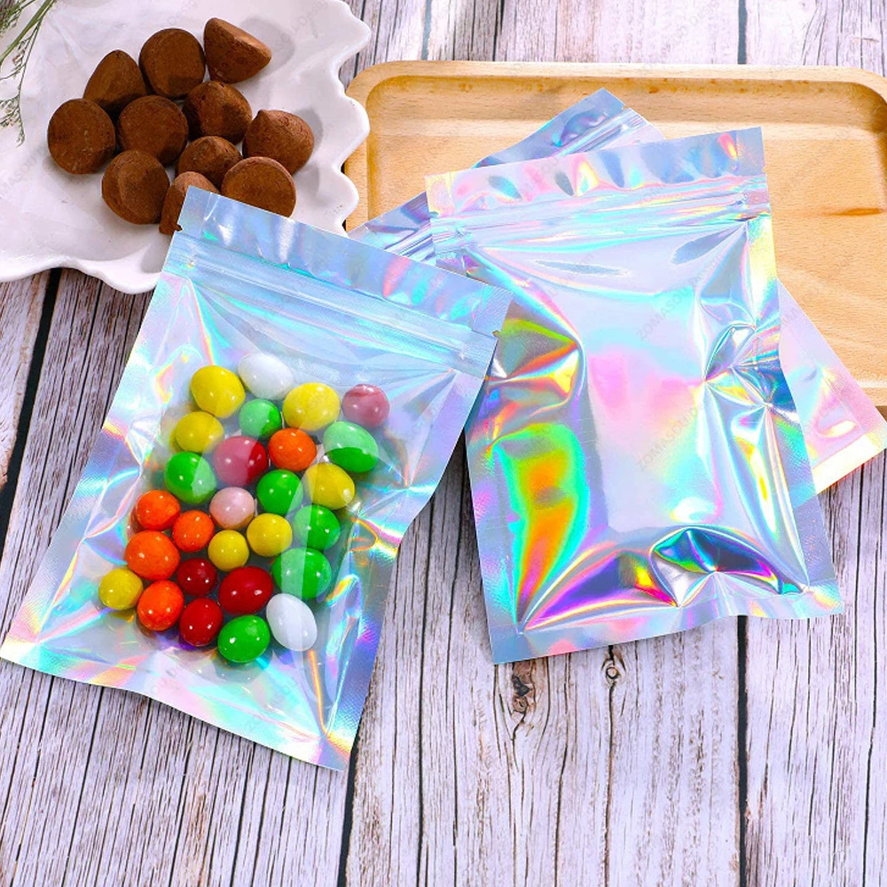1-200PCS เลเซอร์ปิดผนึกถุงพลาสติกสี Holographic Candy อาหารกระเป๋า Resealable สร้อยคอเครื่องประดับของขวัญบรรจุภัณฑ์กระเป๋า