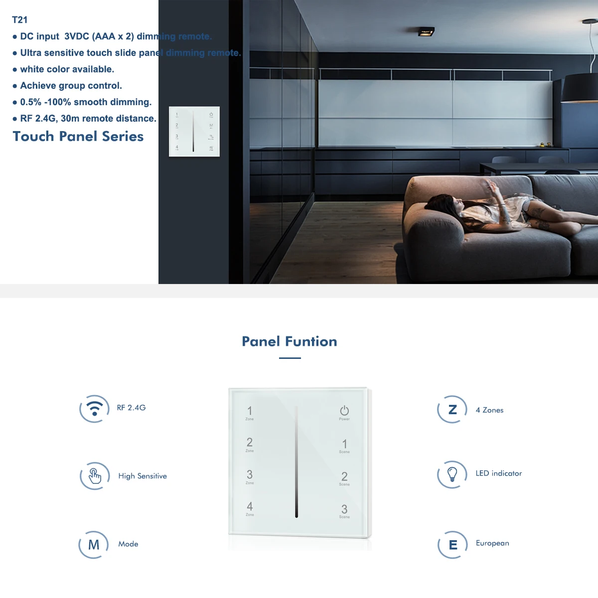AC110V-220V S1-B Triac LED Wireless Dimmer Push Switch+2.4G Wireless 4-Zone Touch dimming Remote Controller for Single Color LED