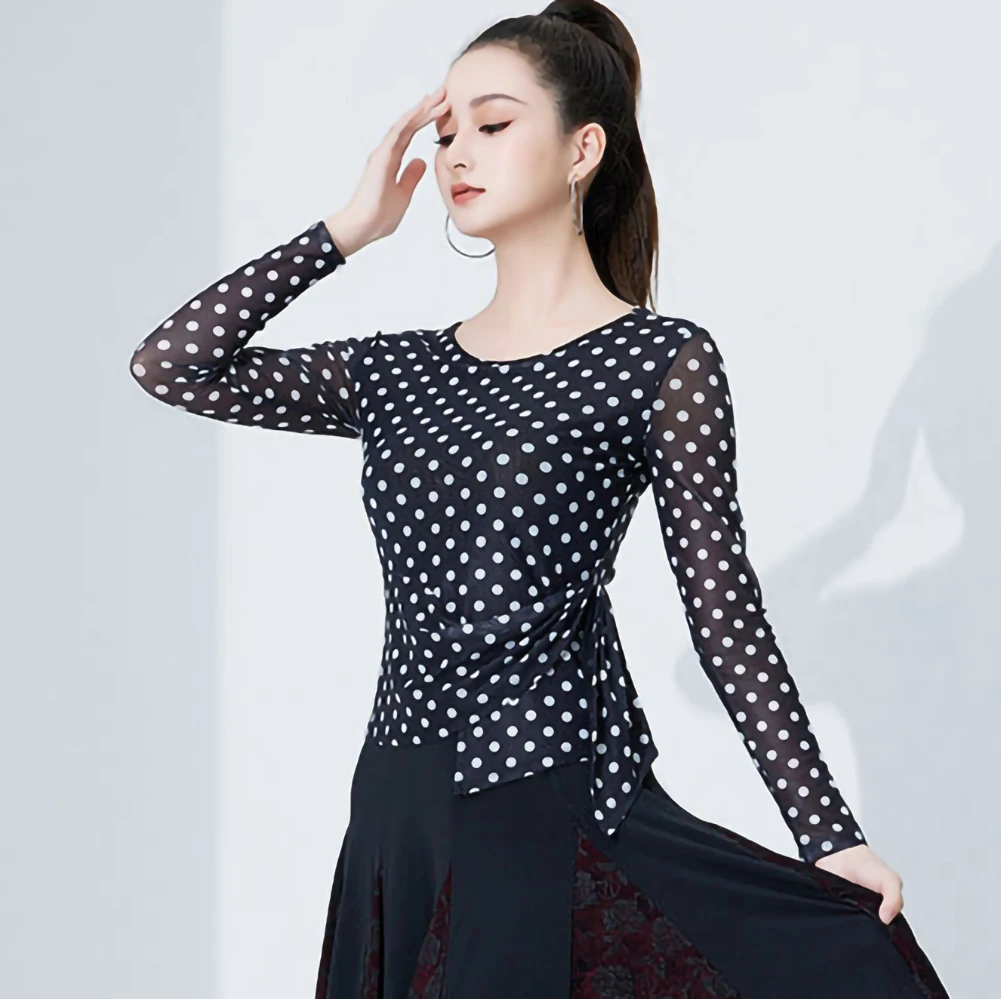 Abiti da pratica Top da ballo latino Top da ballo a pois con stampa Samba a maniche corte slim fit nero girocollo