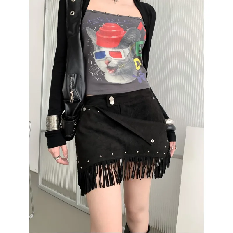Removable Rivet Deer Skin Velvet Short Skirt Asymmetric Design Sensation Hot Girl Tassel Detachable 2026 New Style Casual Pants