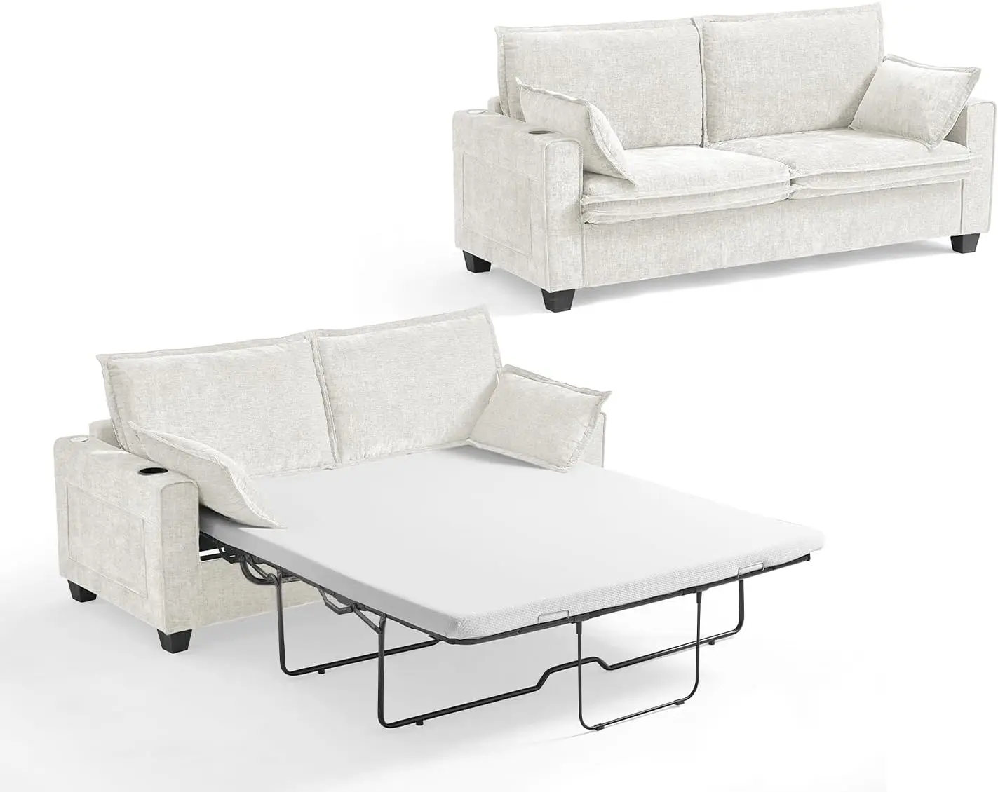 

2-In-1 Pull-Out Sofa Bed, Convertible Chenille Sofa With 20W Fast Charging, Led Light, Memory Foam Couch Layered Cushion Trim,