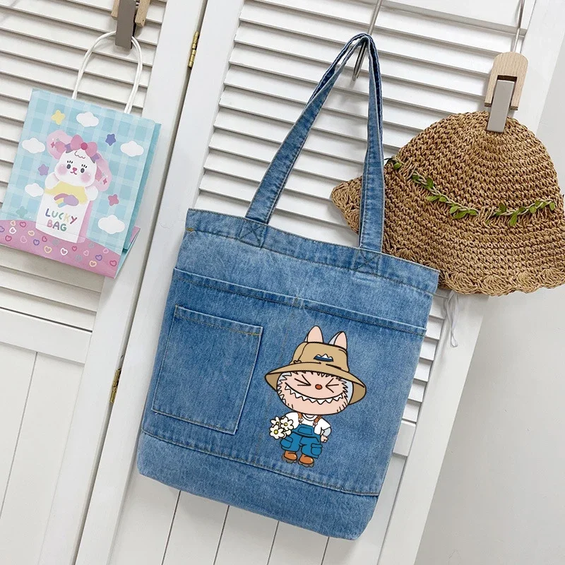 

Labubu Women's Denim Bag Girl's Kawaii Anime Figure Pattern Shoulder Bags Large Capacity Fashion Storage Bag Daily Handbag Gift