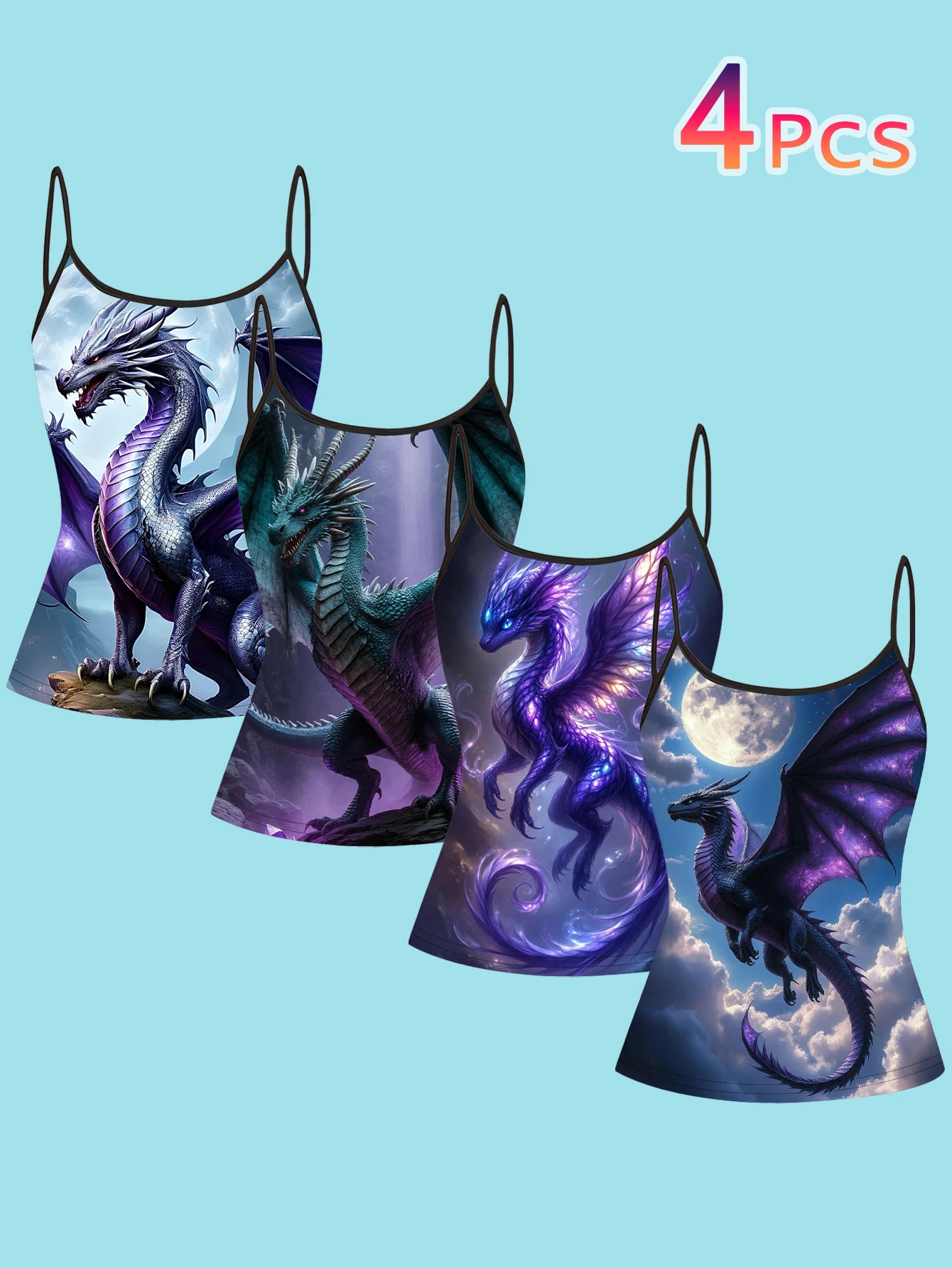 4-Piece Fantasy Amethyst Dragon-Themed Camisole Set with Star and Moon Sky Dragon Pattern, Slim-Fit Women's Inner Tank Top