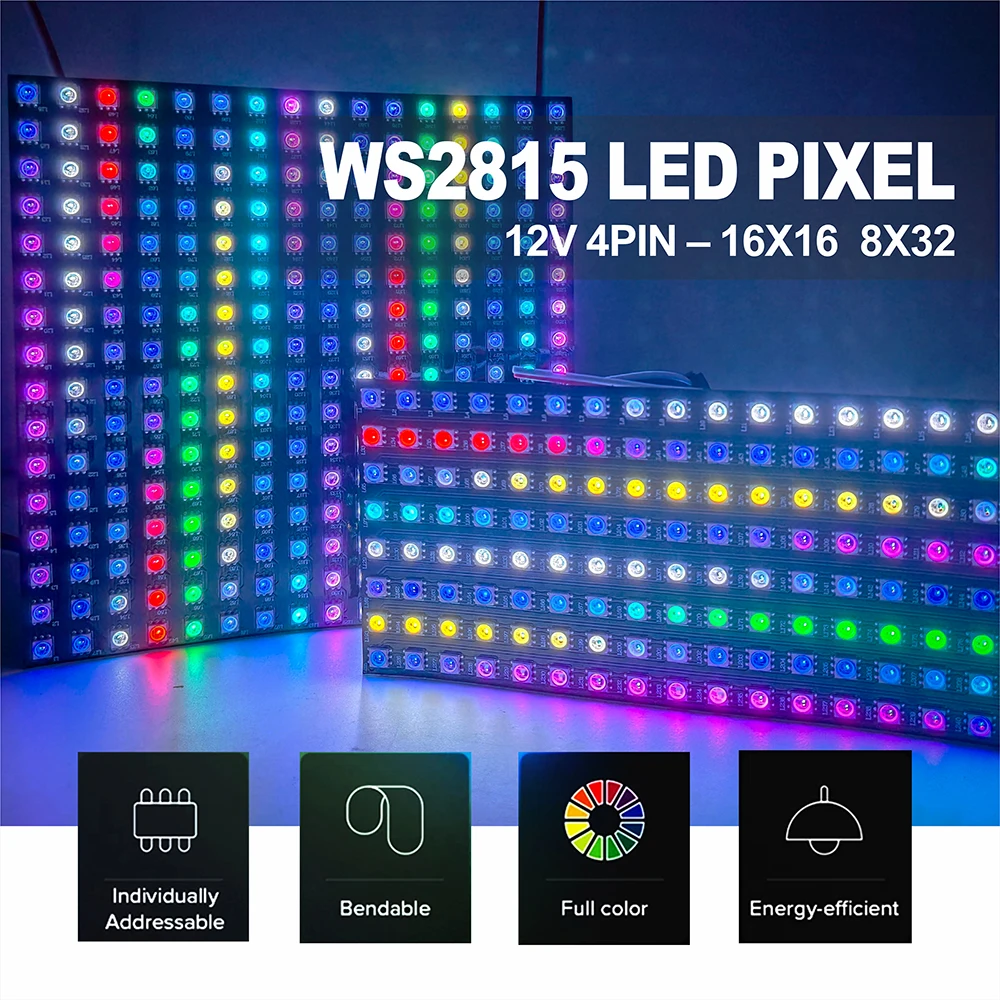 

WS2815 12V LED Pixel Panel Flexible Individually Addressable 16x16 8x32 Programmable Full Color Display 4pin WS2815 LED Light 12