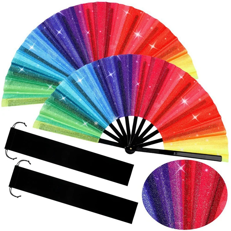 4Pcs Glitter Rainbow Hand Fan Handheld Rave Fan Performance Clack Dance Fan Chinese Festival Fan Decorative Folding Fan