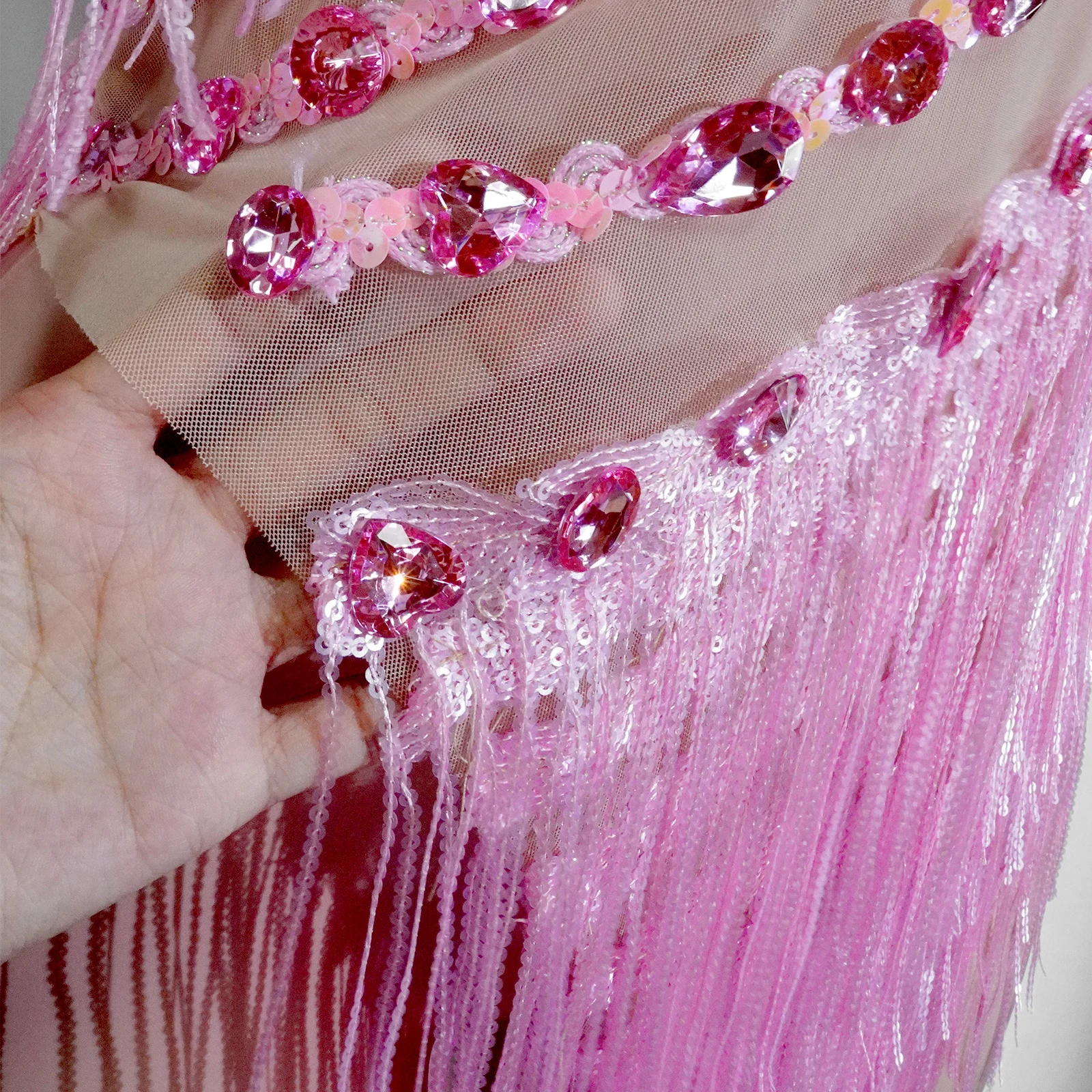 Sexy Mesh See-through Pink Rhinestones Fringe Dress Stage Latin Dance Singer Birthday Party Skirt Nightclub Drag Queen Outfit