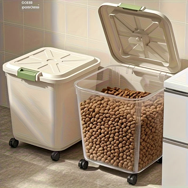 Contenitore sigillato per alimenti per animali domestici con ruote e cucchiaio, scatola trasparente per alimenti per cani, gatti e uccelli, 2 misure disponibili