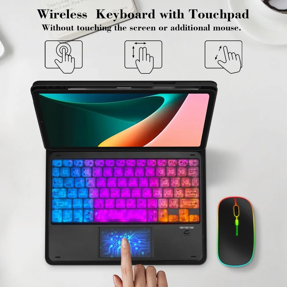 RGB Rainbow Backlit Wireless Bluetooth Keyboard Touchpad and Mouse Wireless Spanish Korean Keyboard for iPad IOS Android Windows