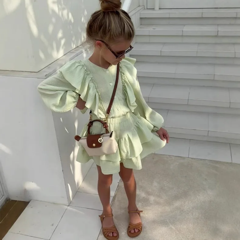 Toddler Girls 2 Pcs Set Ruffle Long Sleeve Button Top Tiered Skirt Set Kids Solid Textured Fabric Casual Spring Summer Clothes