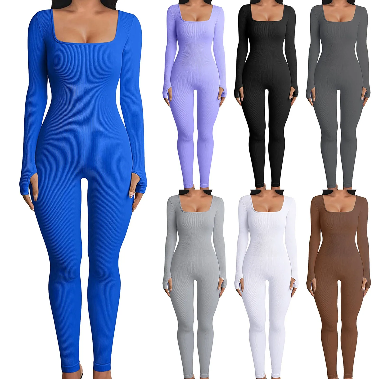 Basic Tight Fitting Rompers For Women‘s Clothing Casual Solid Color Fitness Rompers 2024 Y2K Square Neck Long Sleeve Jumpsuits