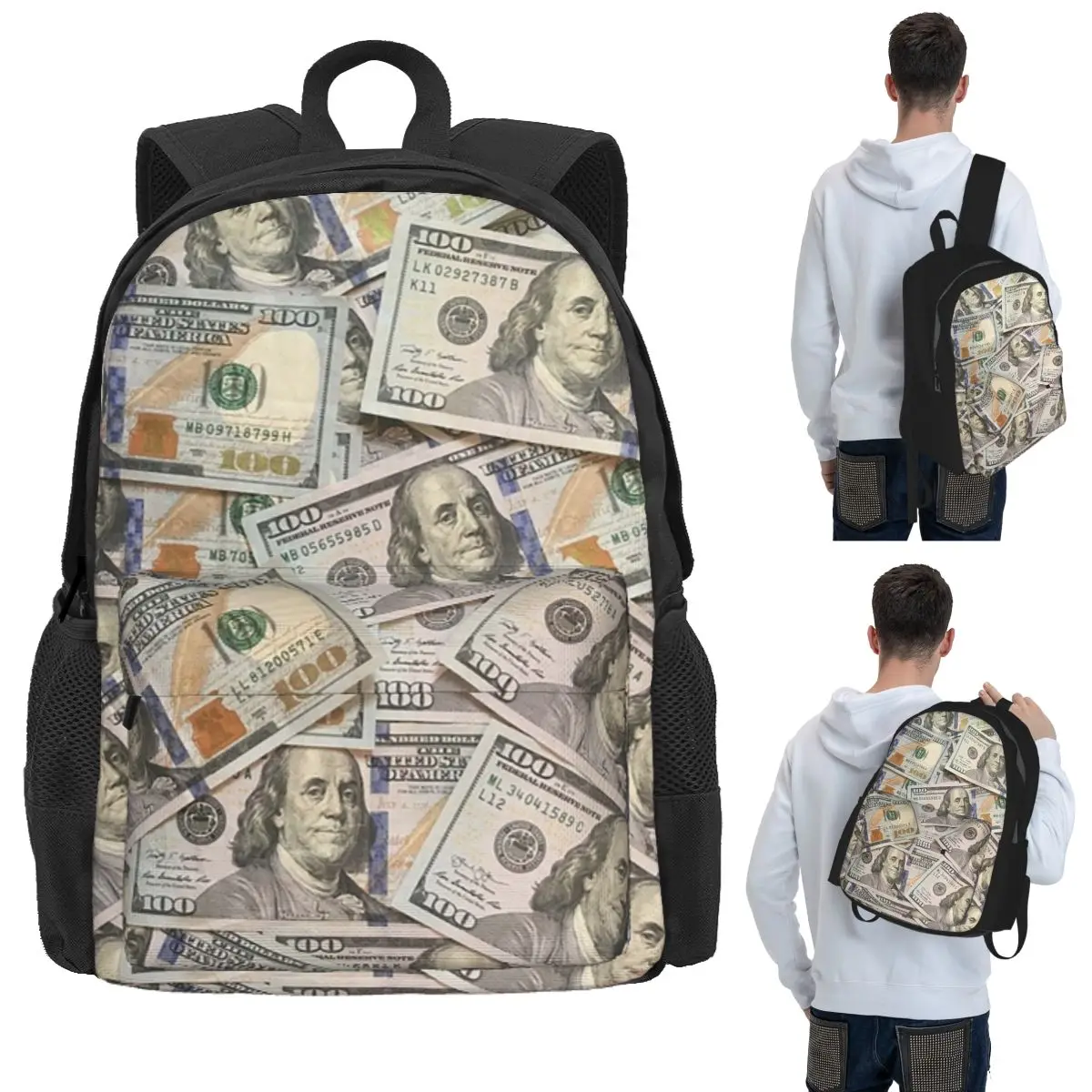 New Hundred Dollar Bills Money Attraction Student Backpack School Bag Hiking Travel Daypack for Boys Girls Bookbag Shoulder Bags