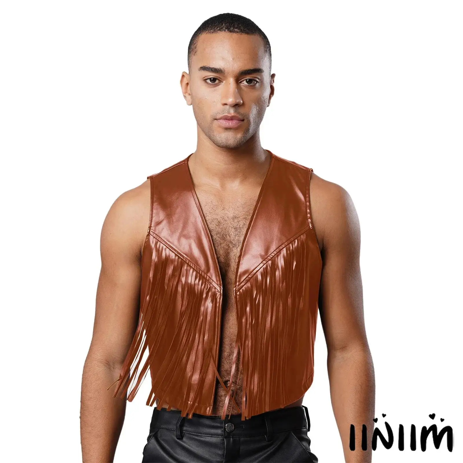 

Mens Vintage 70 80s Fringe Vest Jackets Sleeveless Open Front Waistcoat Tank Tops Western Cowboy Crop Tops for Club Disco Party