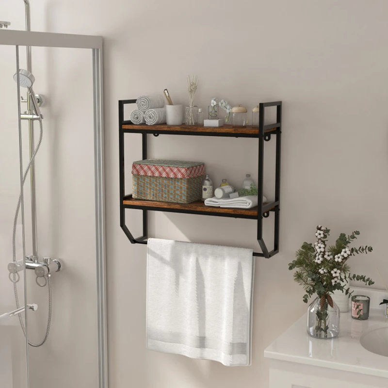 Industrial Style Practical Towel Bar Bathroom Shelves Over the Toilet Shelf Wall Mounted with Metal Frame for Bathroom