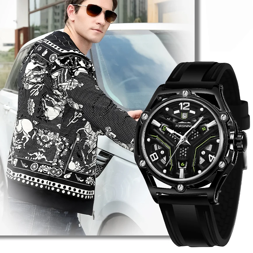 2024 New FORSINING Original Luxury Hollow Skeleton Automatic Mechanical  Men's Watch Waterproof Sports Rubber Band Wrist Watches