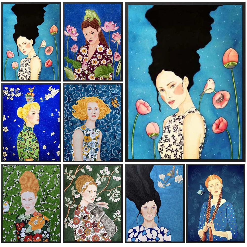 

Colorful Girl Flower Abstract Woman Portrait Poster Wall Art Canvas Painting Home Decor Wall Pictures For Living Room Unframed