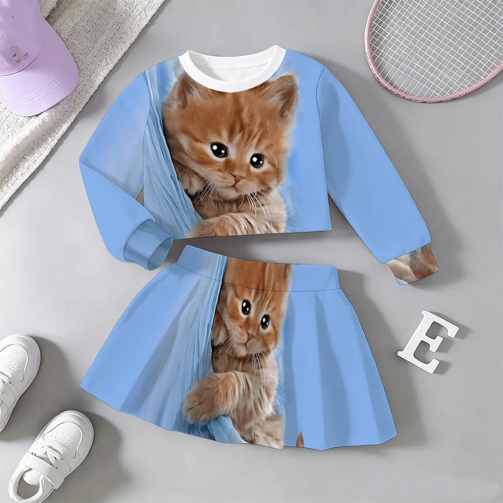 Lovely Kawaii Fairy Style Girls Outfit Long Sleeve Print Top A-line Skirt  Soft Breathable  For Wedding Flower Girl Party