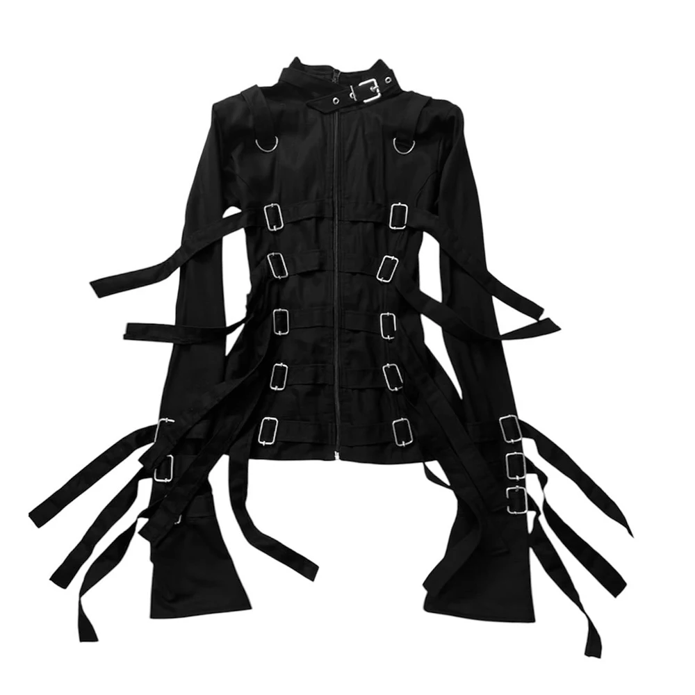 Herbst- und Winterjacke im neuen Gothic-Stil mit Metallschnallen-Design, Y2K, dunkel, schmal geschnitten – Detail 3