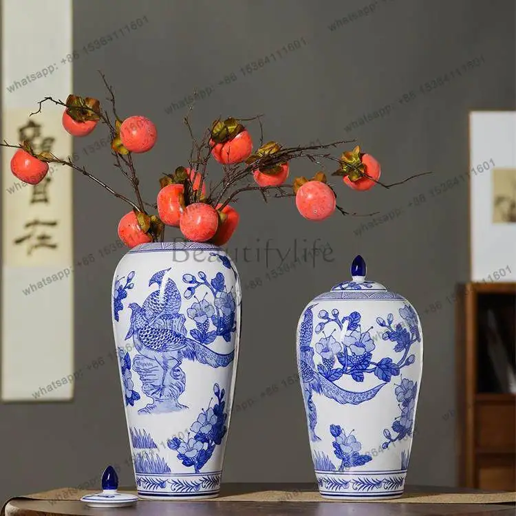 New Chinese-style Jingdezhen blue and white ceramic vase, high-end sense, noble bamboo hydroponic plant general jar