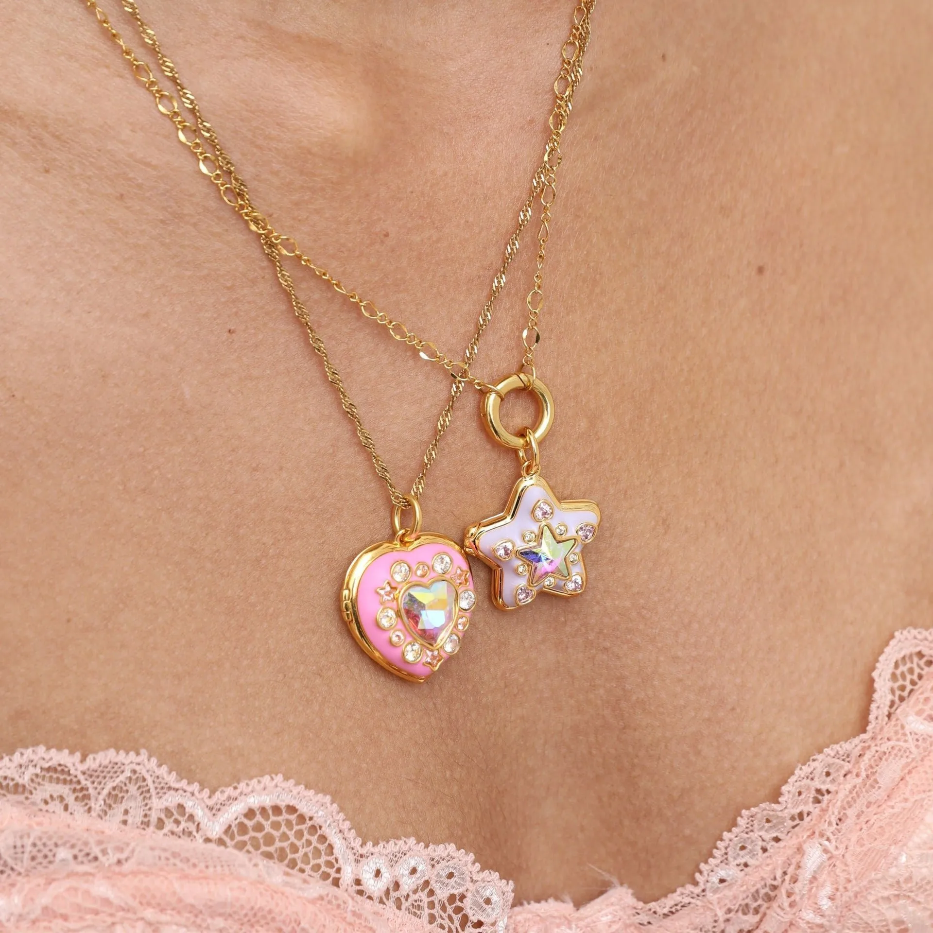 Collar con medallón con foto de estrella en forma de corazón con esmalte de goteo rosa, collares con colgante que se puede abrir de cristal colorido, regalos de joyería conmemorativa para mujer