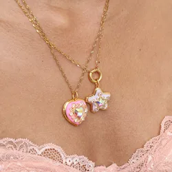 Pink Drip Glaze Heart-shaped Star Photo Locket Necklace Colorful Crystal Openable Pendant Necklaces Women Memorial Jewelry Gifts